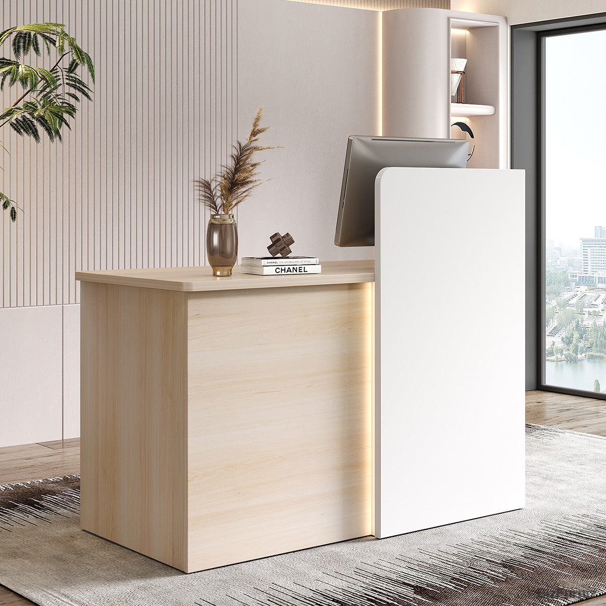 47" Small Reception Desk with LED Lights and Privacy Panel for Compact Space for modern office workspace