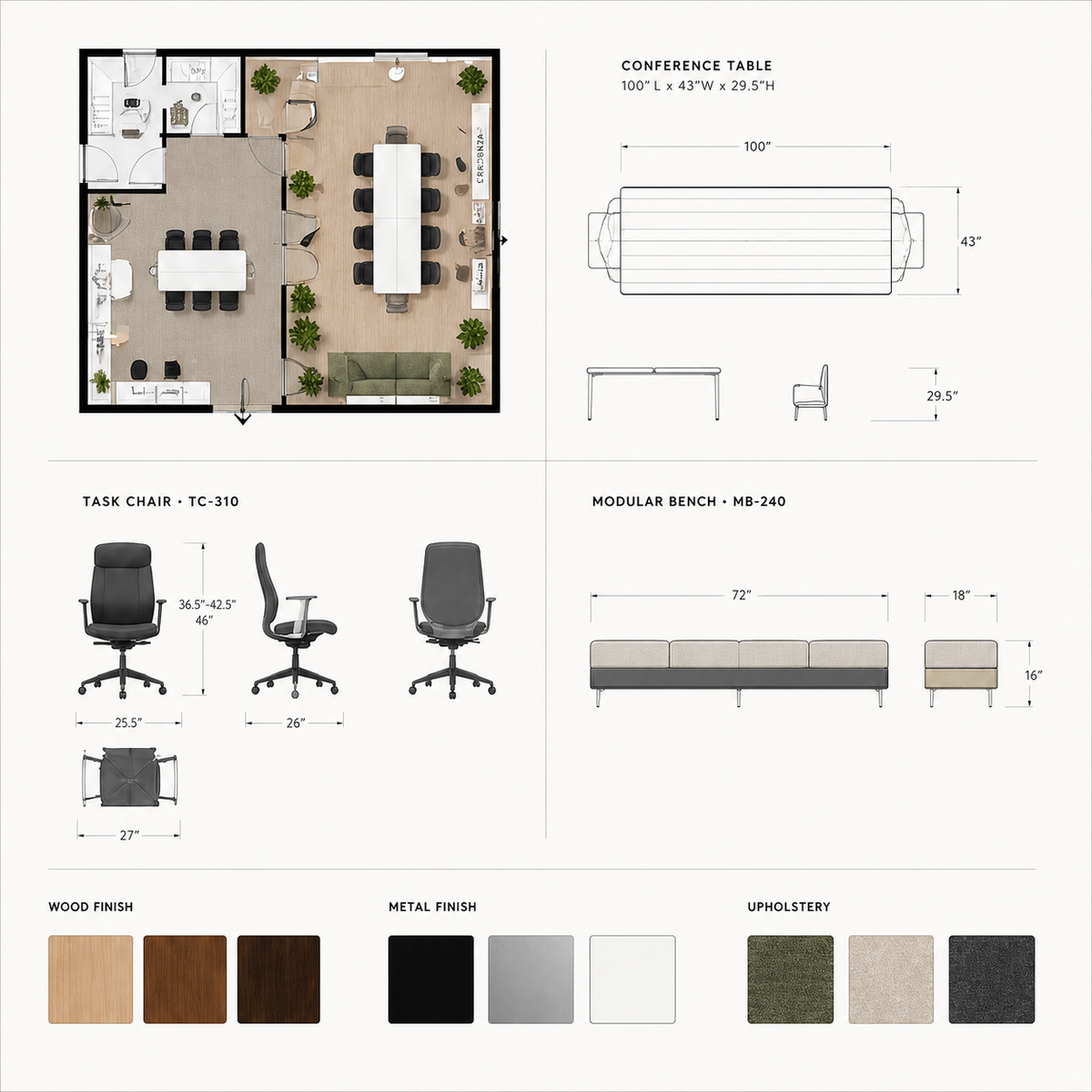Space plan, chair specification, finish swatches and product rendering