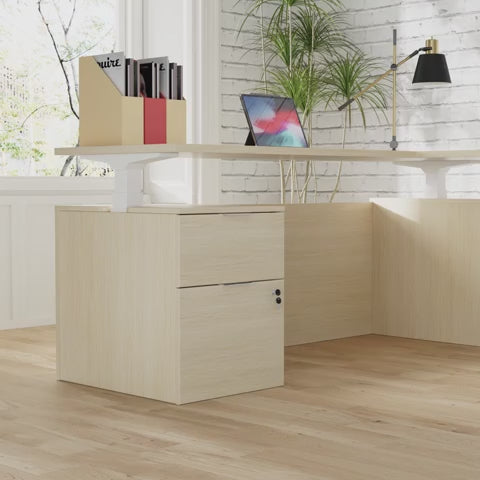 Video showing Executive L-Shaped Standing Office Desk with Dual Integrated Mobile File Cabinets, Expansive Sit-Stand Corner