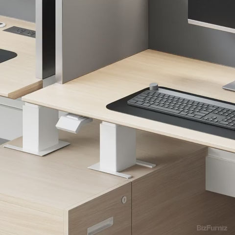 Video showing Modern Sit-to-Stand Office Desk with Integrated Storage and Central Privacy Screens