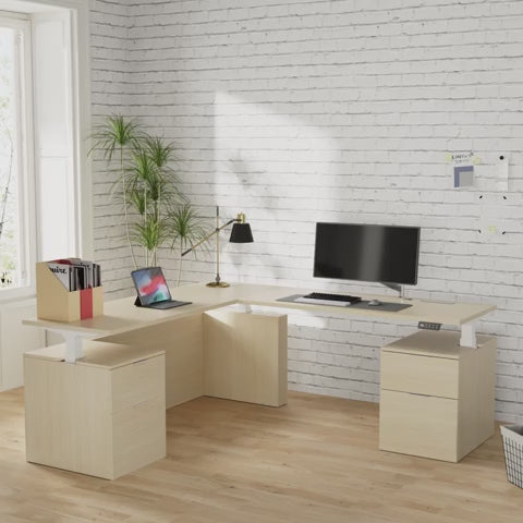 Video showing Executive L-Shaped Standing Office Desk with Dual Integrated Mobile File Cabinets, Expansive Sit-Stand Corner
