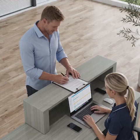 Video showing Modern Luxury Reception Desk with Tufted LED Ambient Lighting, and Dual-Level Countertop