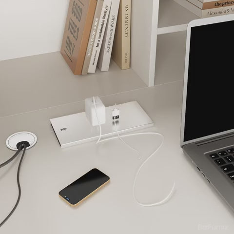 office desk with power outlet and cable grommet 