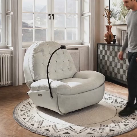Video showing Luxury Cream Suede Recliner Chair with Phone Holder, Footrest, and USB Port