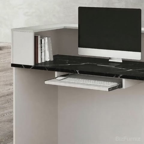 Video showing 71" Modern Reception Desk with Counter, Open Shelving and Lockable Drawer