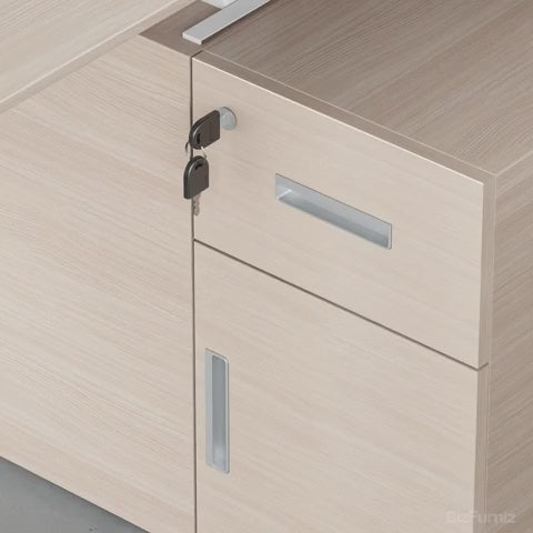 Video showing Modern Sit-to-Stand Office Desk with Integrated Storage and Central Privacy Screens