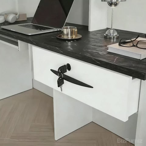 Video showing 71" Modern Reception Desk with Counter, Open Shelving and Lockable Drawer