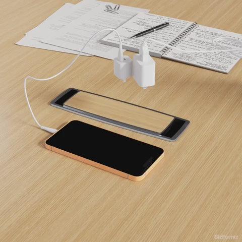 meeting table with wood grain cable box