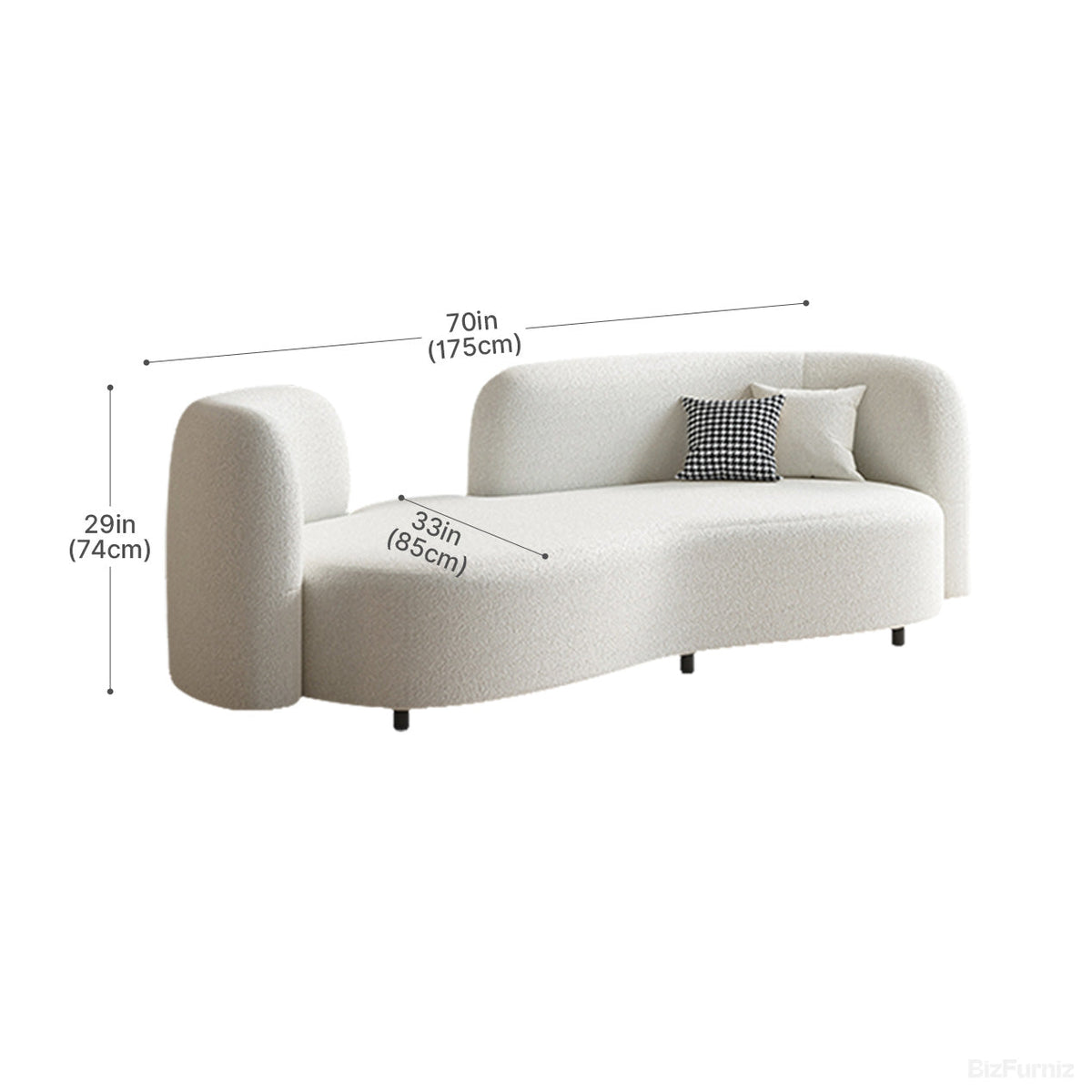 70" Curve Sofa with Sherpa Upholstery, Foam Cushion and Wood Frame product view 4