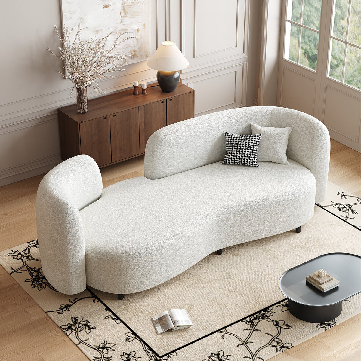 70" Curve Sofa with Sherpa Upholstery, Foam Cushion and Wood Frame product view 3