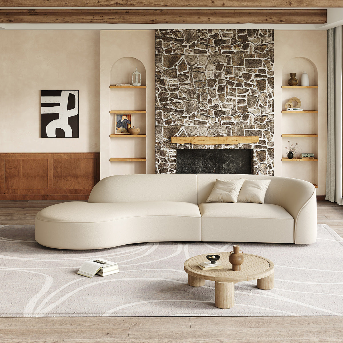 Curved Sectional Sofa 95–134 in Wide, Wood Frame