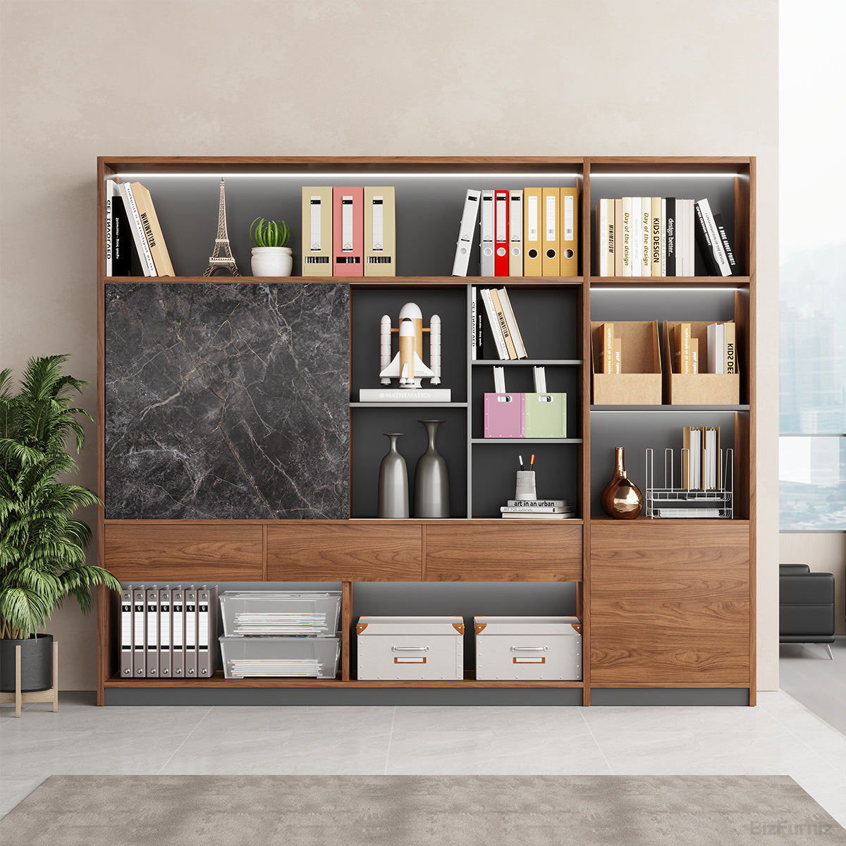 95" Modern Multi-Zone Bookshelf, All-in-One Storage Cabinet for Home and Offices for modern office workspace