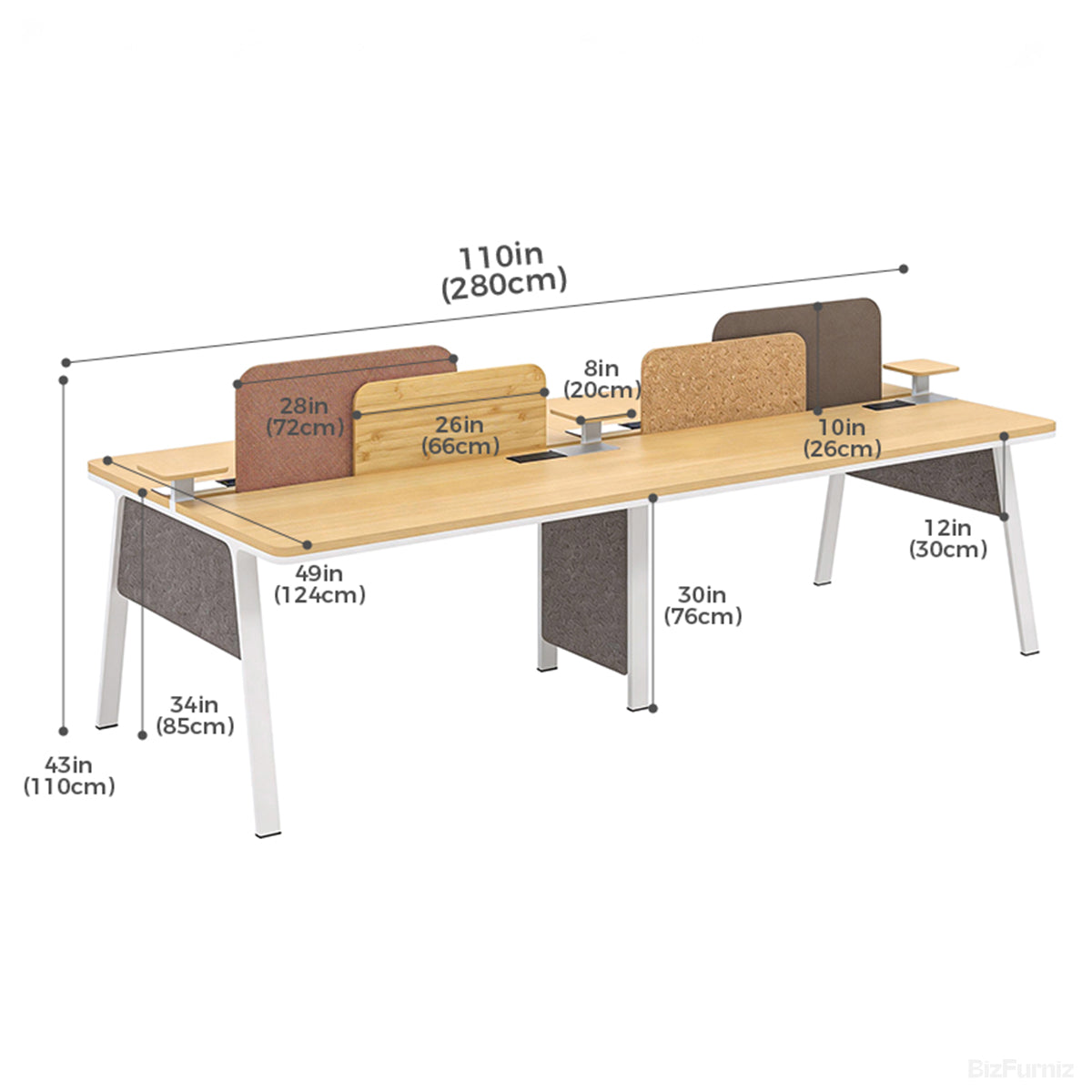 110-inch 4-person Office Desk with Partition and Cable Management product view 4