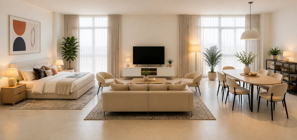 Youthful Airbnb-style studio with sleeping, lounge, and dining areas