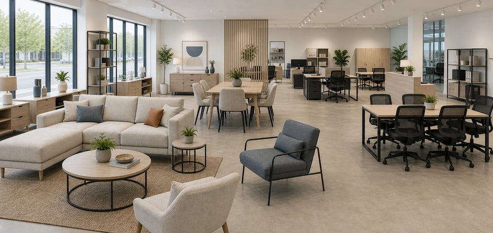 Mixed home and office furniture showroom with living, dining, reception, workstations, and meeting areas