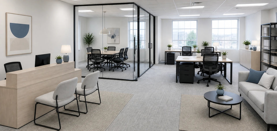 Bright office with reception, glass meeting room, workstations, and lounge seating