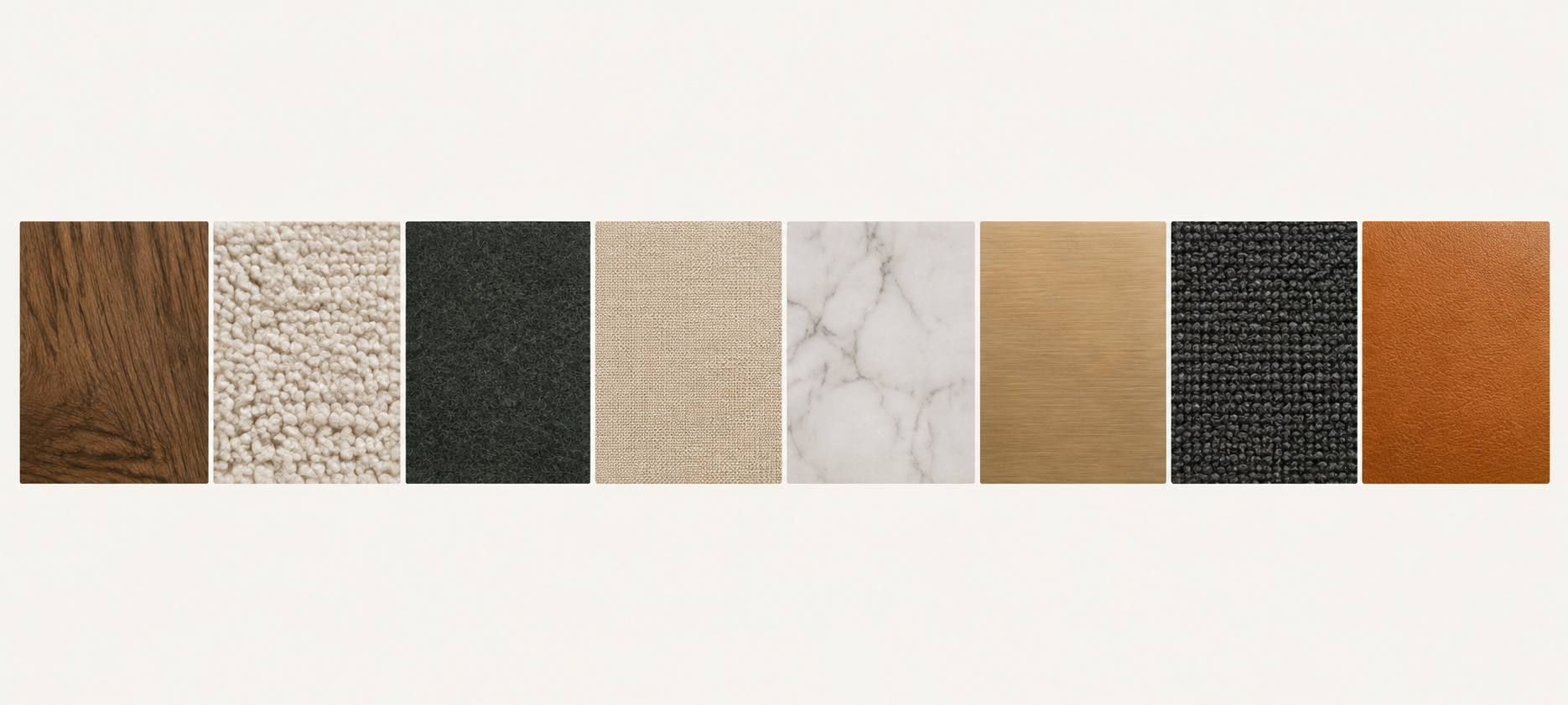 Wood, fabric, stone, brass and leather material samples