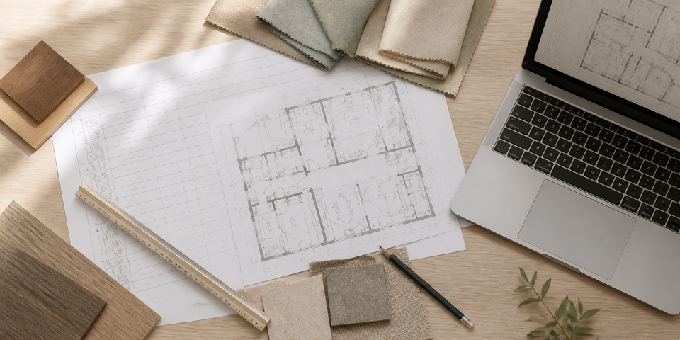 Furniture project planning workspace with floor plan and material samples