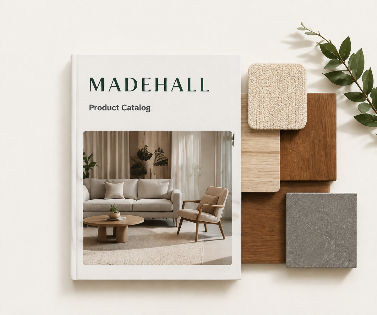 MadeHall product catalog with fabric, wood and stone samples