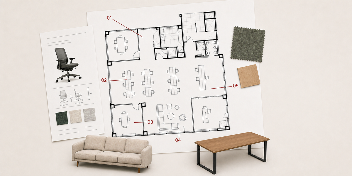Furniture space plan with material samples, product specifications and furniture selections